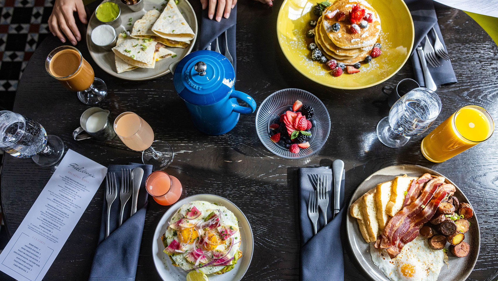 table with breakfast dishes at fieldings restaurant