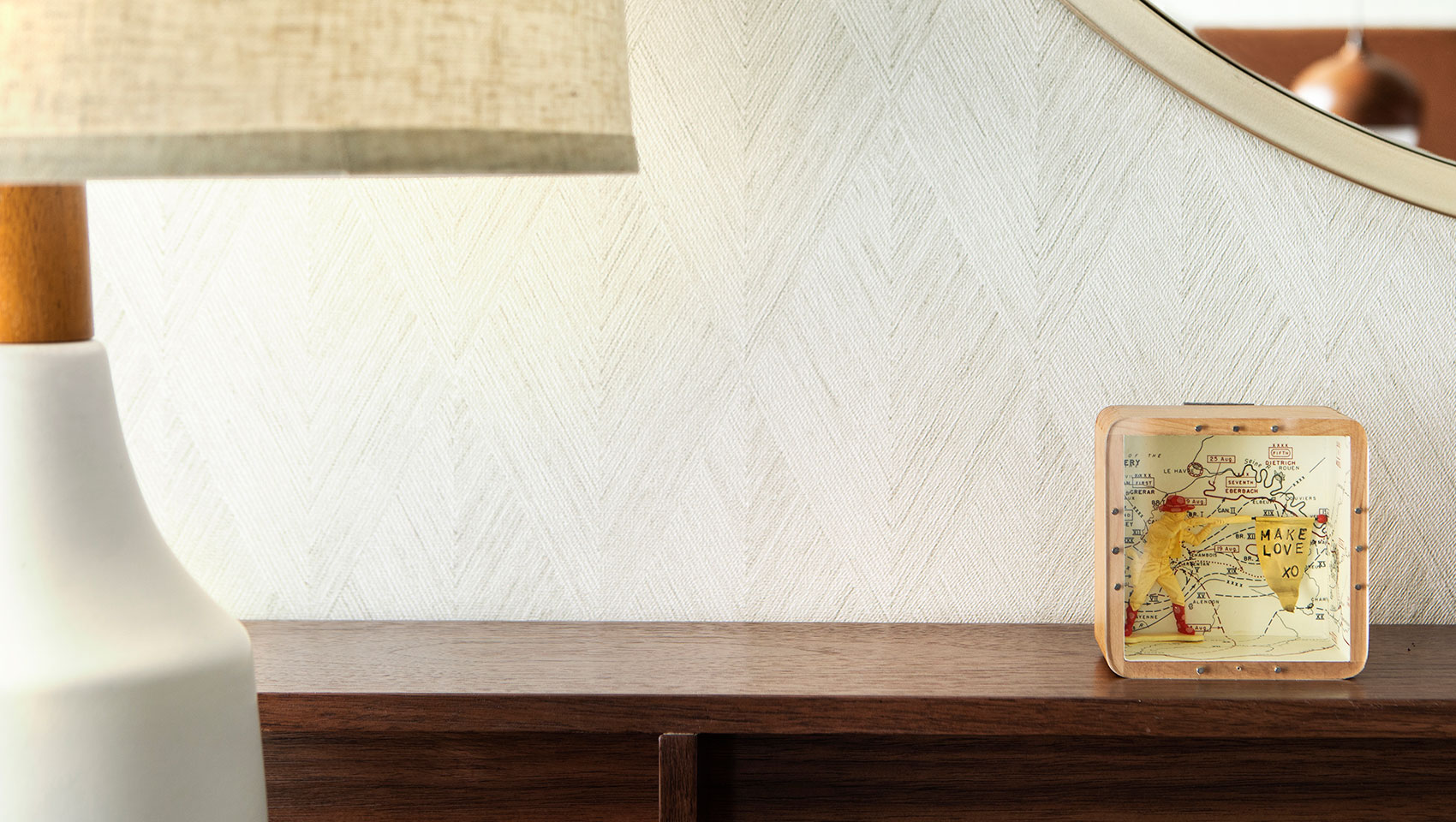 Guestroom desk details with lamp and mirror