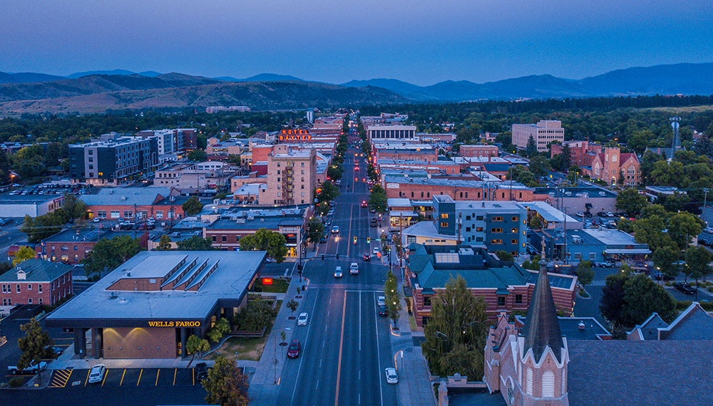 aerial view of Downtown Bozeman