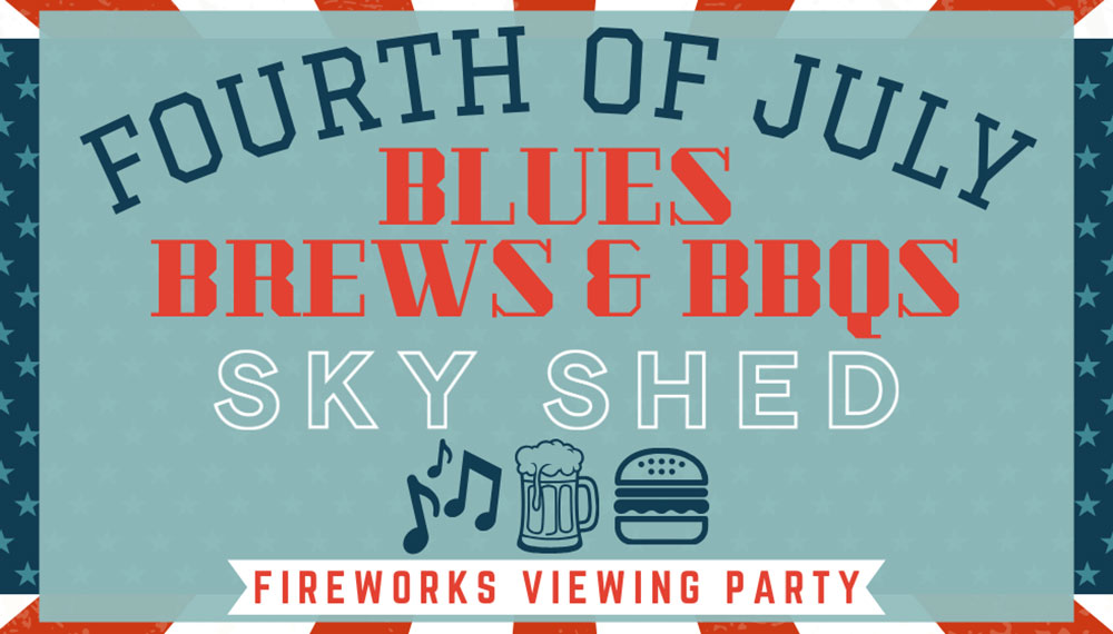 festive graphic that says blues, brews, and BBQ