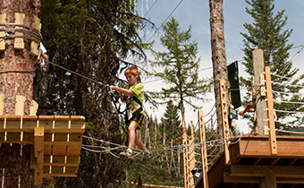 boy crossing a rope bridge to a tree